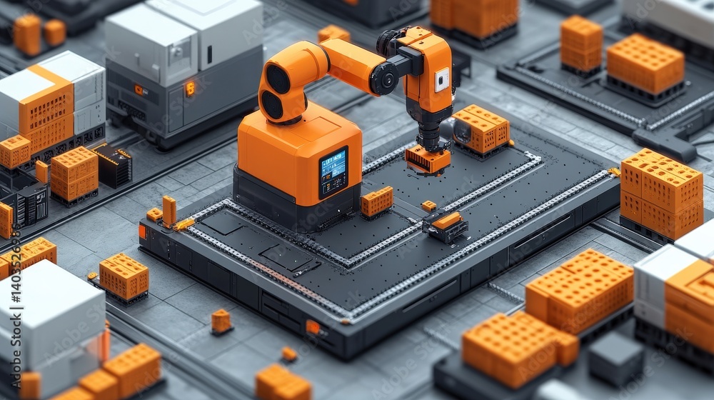 Industrial robotic arm assembling orange cubes on a factory floor with machinery in the background Industrial robotic arm assembling orange cubes on a factory floor with machinery in the background