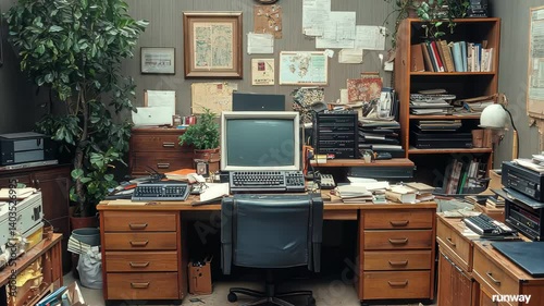 Busy office workspace filled with documents and equipment in a cluttered environment during the early afternoon