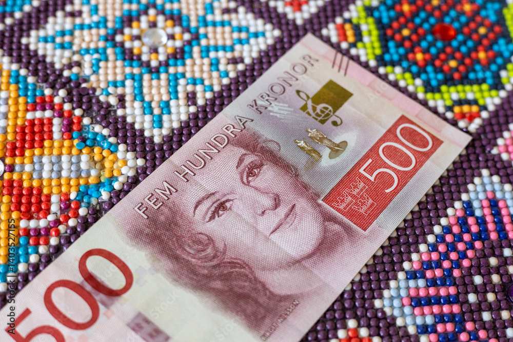 Sweden money. Swedish five hundred kronor banknote. Financial concept. SEK currency symbol. close up