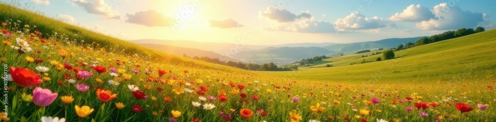 Sun-drenched meadow, vibrant wildflowers, rolling hills, trees, sunlight Sun-drenched meadow, vibrant wildflowers, rolling hills, trees, sunlight