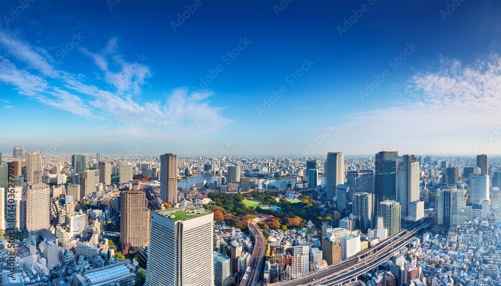 panoramic modern city skyline aerial view under blue sky in tokyo japan panoramic modern city skyline aerial view under blue sky in tokyo japan