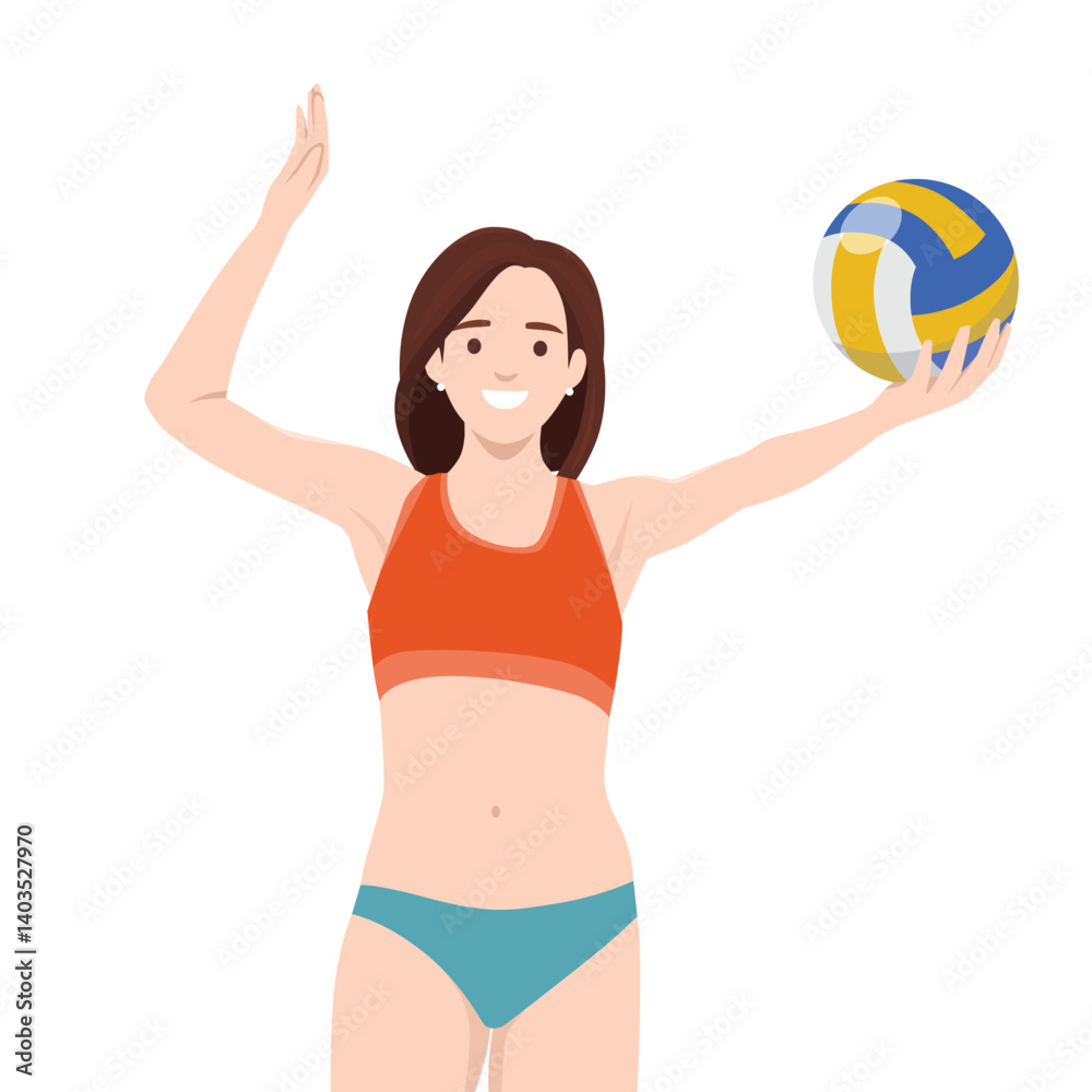 Happy woman prepares to serve a volleyball, showcasing excitement and energy in a beach sports. Flat vector illustration isolated on white background Happy woman prepares to serve a volleyball, showcasing excitement and energy in a beach sports. Flat vector illustration isolated on white background