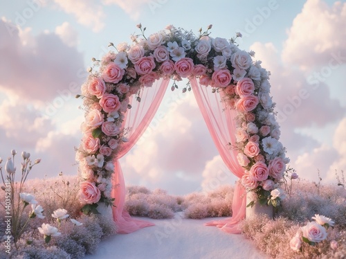 Wedding maternity engagement studio photo arch backdrop banner background with dreamy romantic soft pink blush white pastel colors delicate rustic flowers and curtain in heavenly spring cloud sky