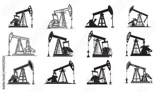 Set of Vintage Oil Pumpjack Illustrations
