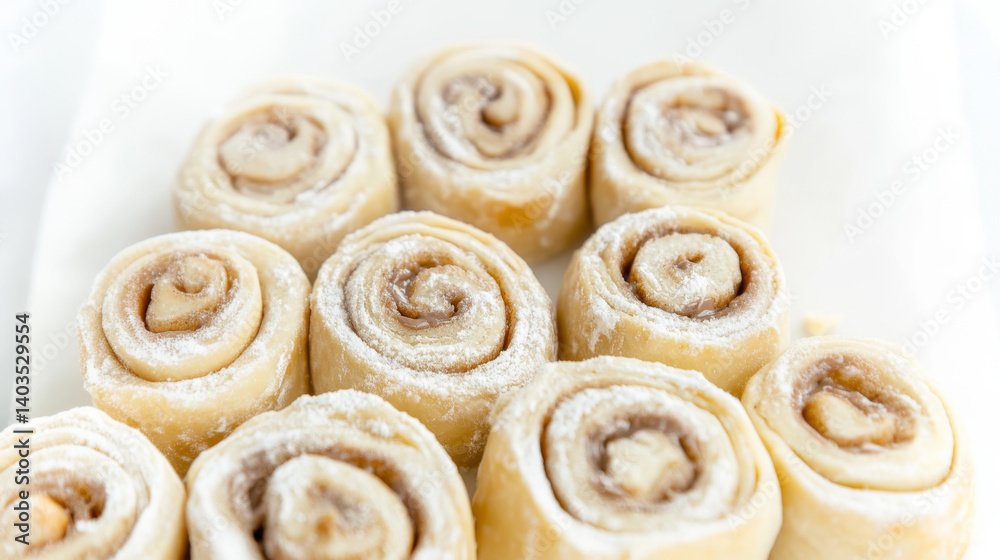Cinnamon rolls made from dough, sprinkled with flour on white surface Cinnamon rolls made from dough, sprinkled with flour on white surface