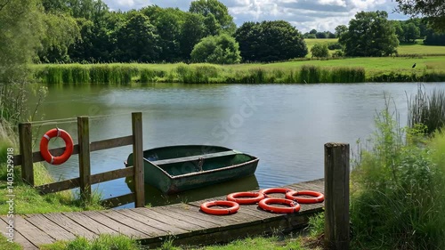 Scenic riverside view with a boat and life rings on a sunny day in the countryside