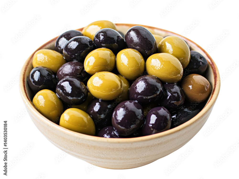 Elegant bowl filled with assorted olives showcasing a variety of colors and flavors perfect for appetizers and snacking isolated on a white background. Elegant bowl filled with assorted olives showcasing a variety of colors and flavors perfect for appetizers and snacking isolated on a white background.