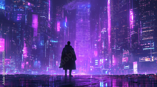 Silhouetted man stands in glowing neon-lit futuristic city, surrounded by towering skyscrapers and digital lights