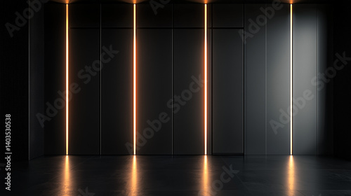 Futuristic dark interior with glowing vertical light strips and minimalistic black wall panels in moody ambient lighting.