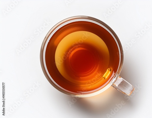 top view of cup of hot tea on white background