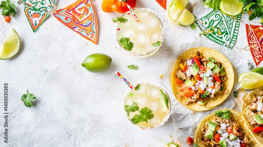 Cinco de Mayo celebration with tacos, drinks, and colorful decorations, food background