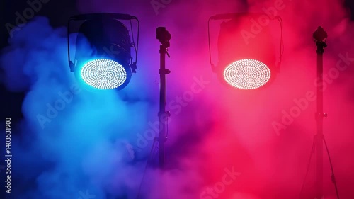 Colorful stage lights illuminate smoke in a dark setting, creating a dramatic atmosphere for a performance or event