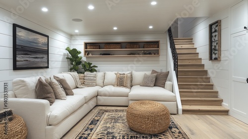 Coastal Farmhouse Basement Living Room Design