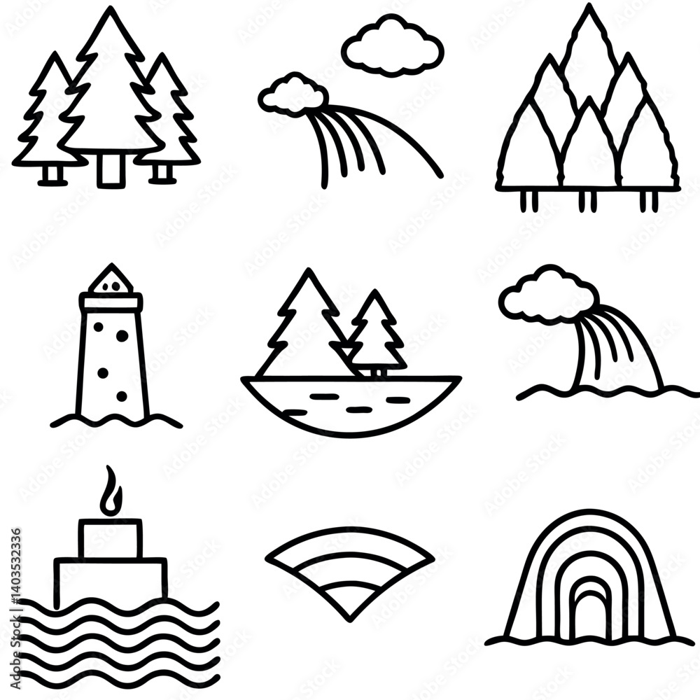 Collection of Simple Black and White Waterfall and Geothermal Icons Collection of Simple Black and White Waterfall and Geothermal Icons