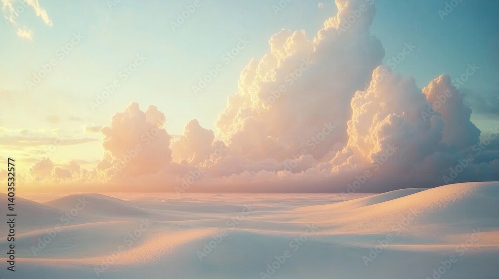 Naklejka premium A serene desert landscape bathed in the golden hues of a soft sunrise.