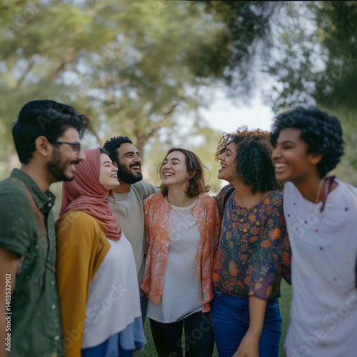 multicultural group of friends at the park.