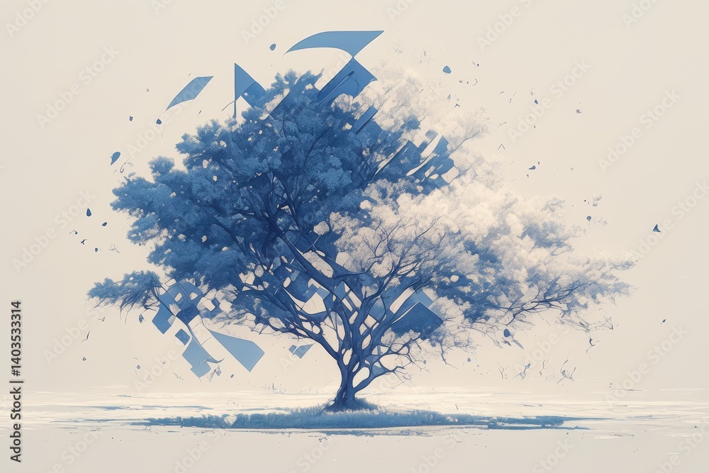 Naklejka premium A tree with geometric shapes surrounding, surreal, calming, muted color palette