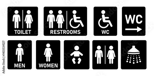 Set of restroom and accessibility icons including male, female, wheelchair, unisex, and baby symbols on a white background. icons, vectors.