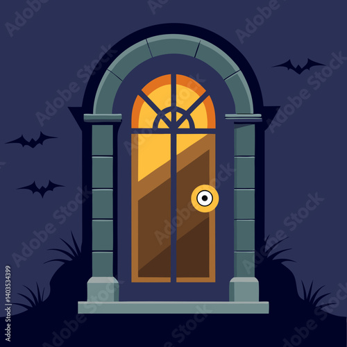 A mysterious arched door glows warmly on a spooky Halloween night, casting an eerie yellow light against a dark blue backdrop with silhouetted bats.