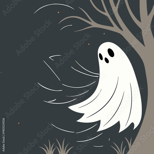 A spectral figure, a wisp of white, dances on a moonless night, swirling past a bare, winter tree in a dark, stylized landscape.