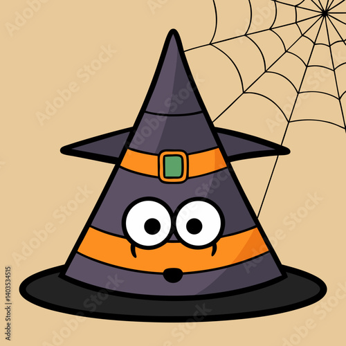 A surprised conical witch hat character celebrating Halloween with an orange and purple design against a spiderweb background