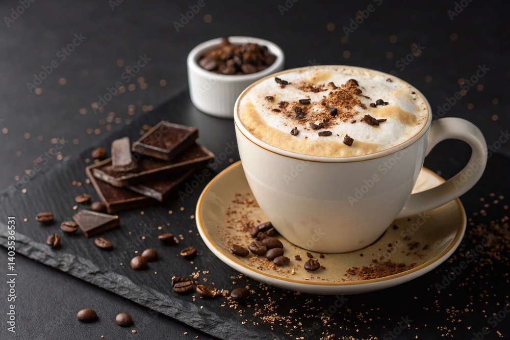 A depiction of a cup of cappuccino with lush foam and chocolate shavings. Soft lighting is used to emphasize the texture of the drink. A depiction of a cup of cappuccino with lush foam and chocolate shavings. Soft lighting is used to emphasize the texture of the drink.