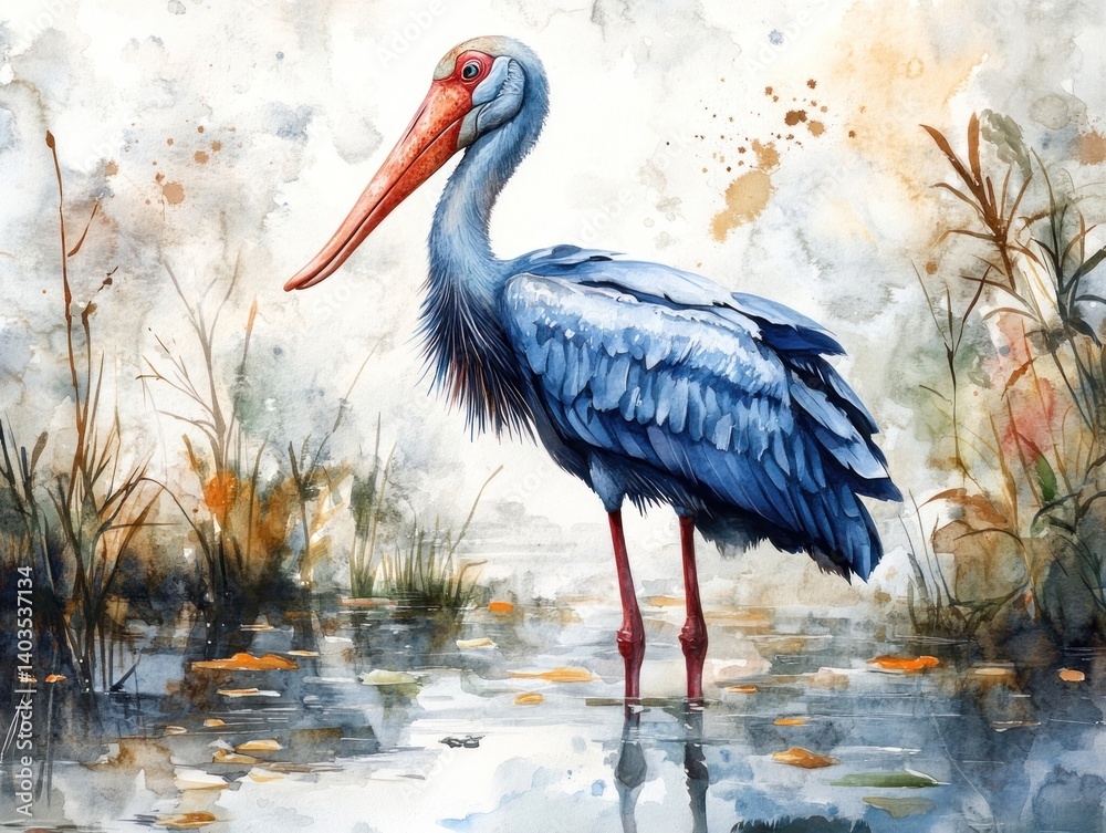 Fototapeta premium Majestic Painted Stork in Watercolour Wetland Bird Art Avian Wildlife Painting