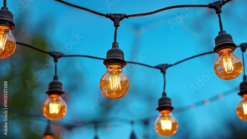 String lights illuminate an outdoor space during evening hours creating a warm ambiance