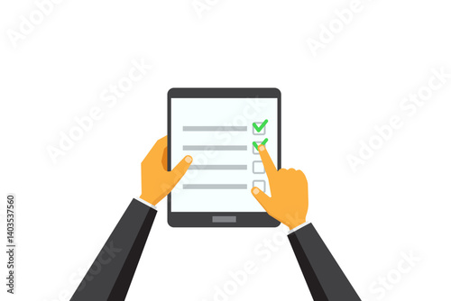 Vector illustration of Hands Using Tablet to Mark Tasks on a Checklist