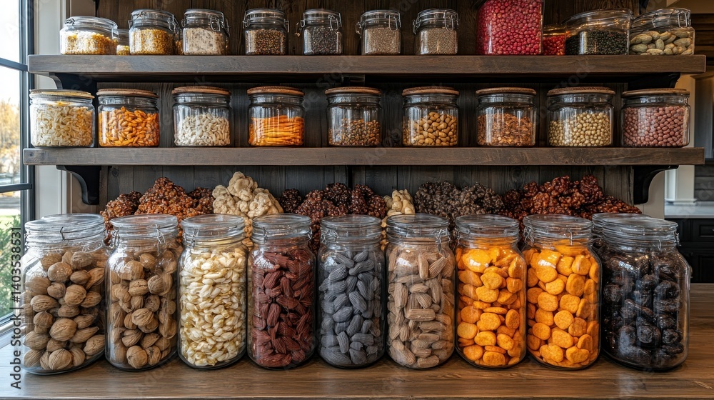 A Rustic Pantry Filled with Glass Jars of Various Snacks and Grains A Rustic Pantry Filled with Glass Jars of Various Snacks and Grains