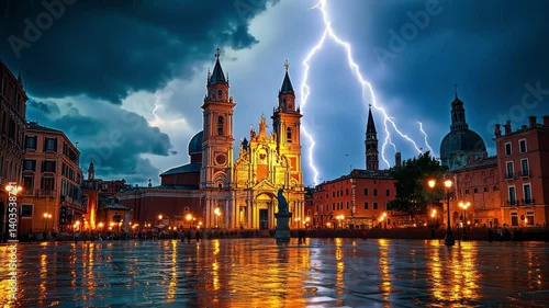 Dramatic lightning illuminates historic architecture in a rainy city square at twilight