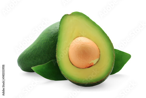 Fresh avocado with green leaves on transparent background