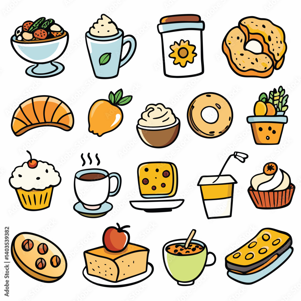 Fototapeta premium Breakfast Icon Collection, Hand Drawn Food and Drink Vector Set