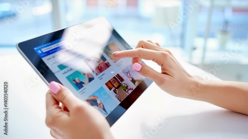 Online shopping concept: woman browse fashion website using digital tablet touchscreen at desk. E-commerce, technology use. 4K video footage