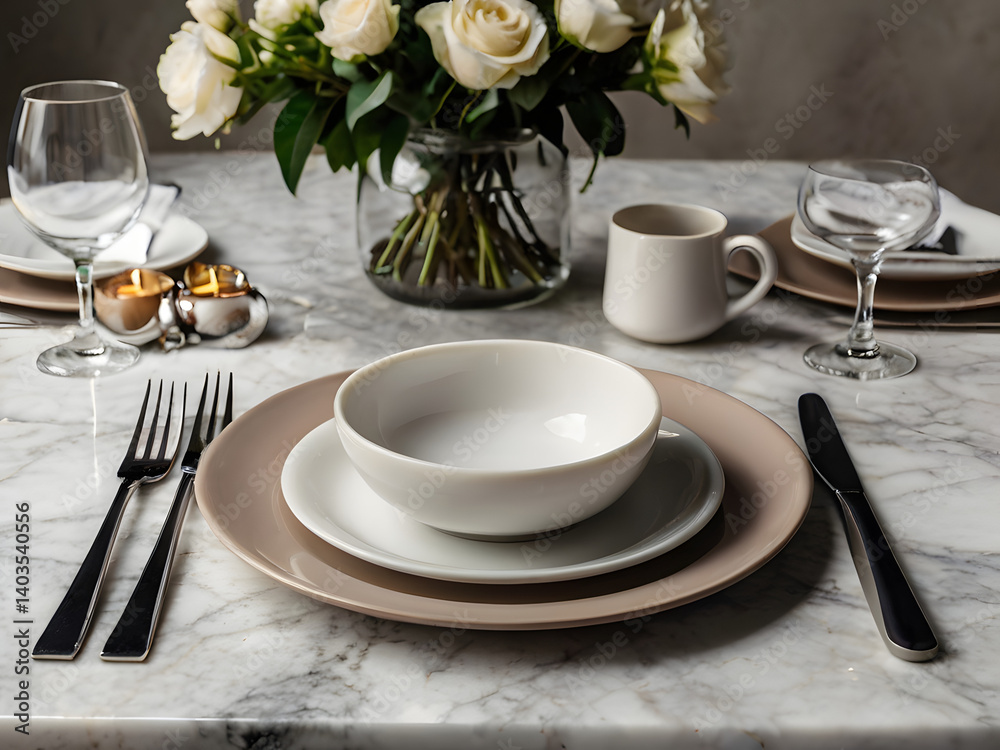 Fototapeta premium Elegant Table Setting with Floral Arrangement: A sophisticated and inviting table setting with a beautiful arrangement of white roses creates an atmosphere of refined dining. A simple setup.