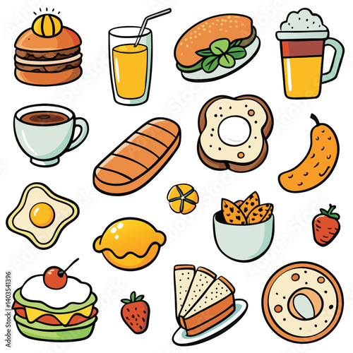 Breakfast Icon Collection, Hand Drawn Food and Drink Vector Set