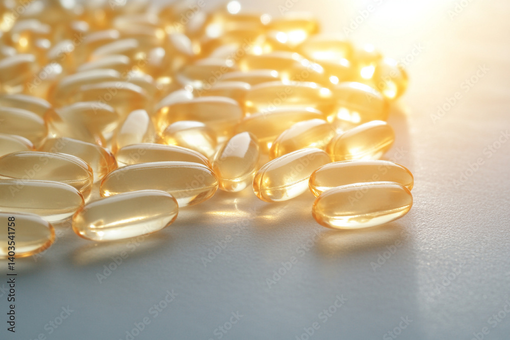 Vitamin D capsules illuminated by sunlight, showcasing health benefits in a natural setting Vitamin D capsules illuminated by sunlight, showcasing health benefits in a natural setting
