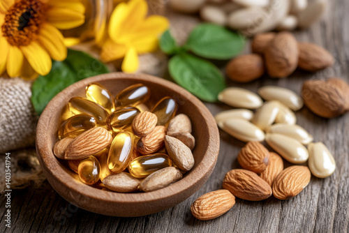 Vitamin E soft gels presented with almonds and sunflower seeds on a rustic wooden table
