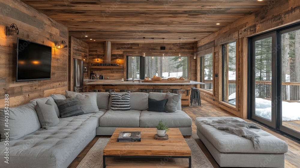Naklejka premium Rustic Cabin Living Room with Stunning Winter Views