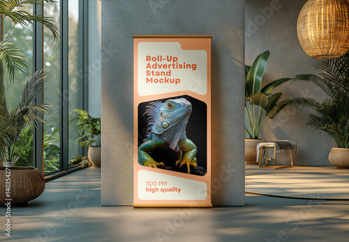 Elegant Indoor Roll-Up Mockup with Iguana Design — Vertical Advertising Banner for Branding & Marketing Display