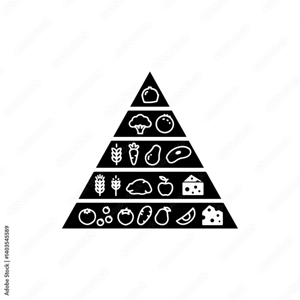 Food pyramid with food groups representing balanced nutrition and diet Food pyramid with food groups representing balanced nutrition and diet