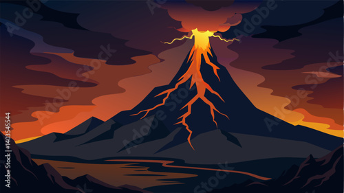 The dramatic silhouette of a lone towering volcano against a dark sky illuminated by bolts of lightning.