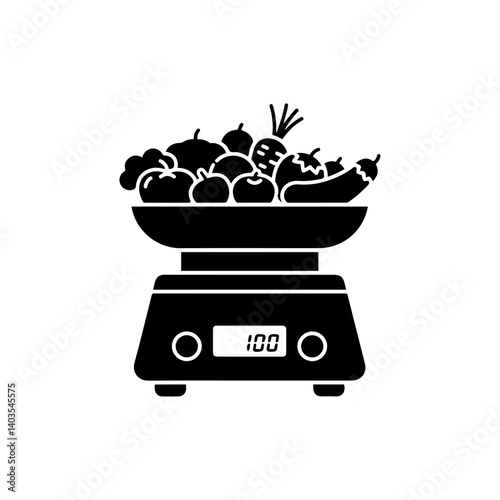 Digital scale with fruits and vegetables for portion control in nutrition