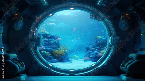 Underwater View from Futuristic Spaceship Porthole Ocean Biome Exploration