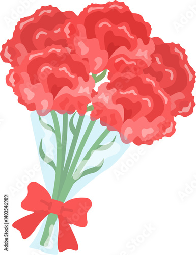母の日の、リボンの付いた、赤色のカーネーションの花束のイラスト