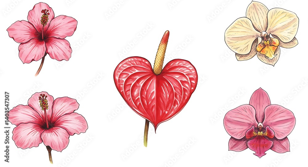 Fototapeta premium Botanical Precision: A Hand-Drawn Floral Quintet AI Generated