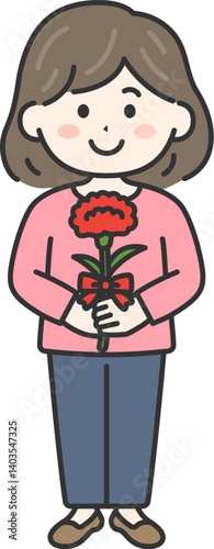 母の日に、カーネーションをプレゼントされた、女性（線画カラー）のイラスト