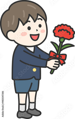 母の日に、カーネーションをプレゼントする、小学生の男の子（線画カラー）のイラスト