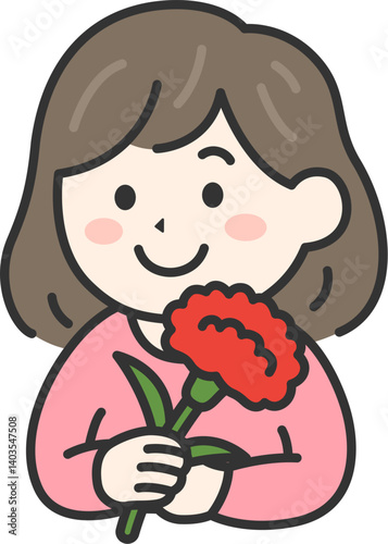 母の日に、カーネーションをプレゼントされた、女性（線画カラー）のイラスト