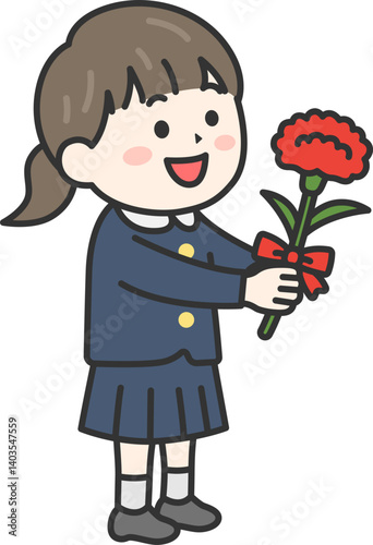 母の日に、カーネーションをプレゼントする、小学生の女の子（線画カラー）のイラスト
